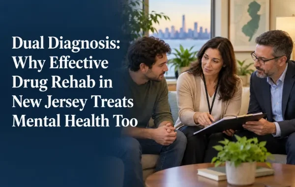 A patient seated on a couch between two therapists reviewing treatment documents on a clipboard in a bright office, with a window view of the New York City skyline and a framed map of New Jersey on the wall.