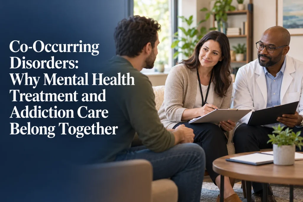A male patient speaking with two mental health specialists during a dual-diagnosis consultation for co-occurring disorders.