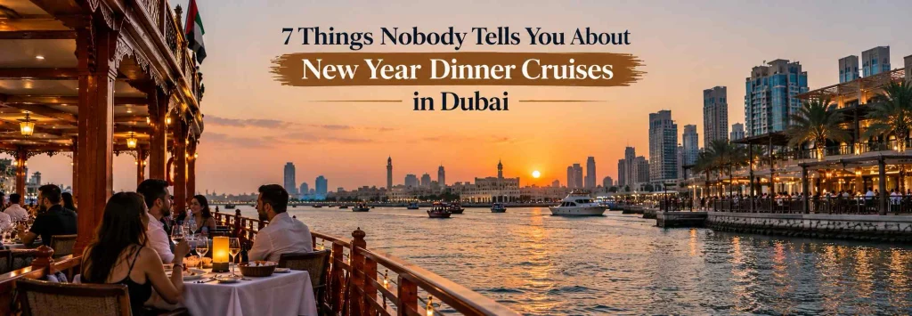 A panoramic photo taken from the deck of a traditional wooden dhow dinner cruise at sunset. Several people are sitting at dining tables enjoying meals with glasses of wine. The background is a stunning view of the Dubai city skyline silhouette against a fiery orange and gold sky as the sun dips below the horizon. The water of the waterway reflects the sunset, and modern buildings and restaurants are visible on the far bank. Text is superimposed at the top of the image: '7 Things Nobody Tells You About New Year Dinner Cruises in Dubai'.