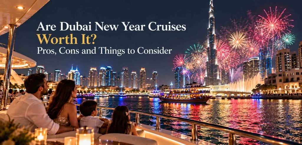 Guests on a luxury yacht deck taking in panoramic views of colourful fireworks exploding over Downtown Dubai and the Burj Khalifa.