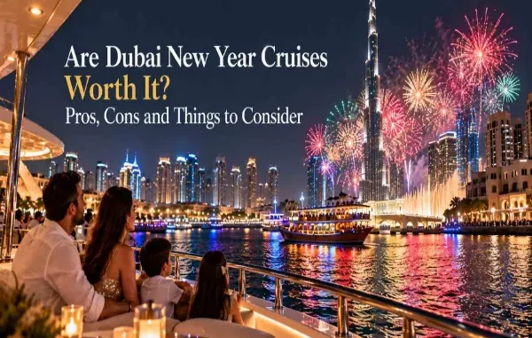 A family sitting on a boat deck watching fireworks light up the sky around the Burj Khalifa and the illuminated Dubai skyline at night.