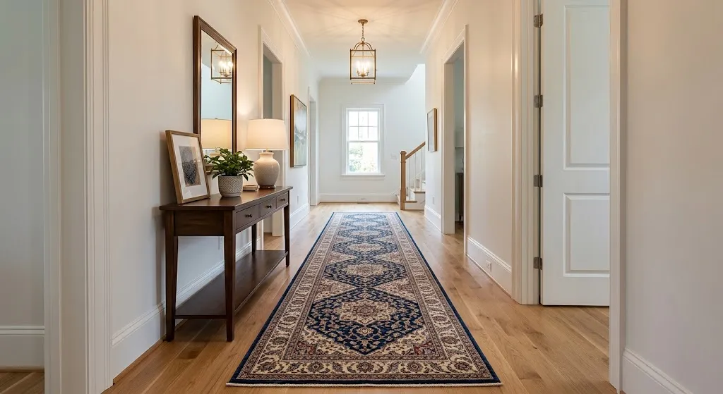 A symmetrical photograph down a long residential hallway featuring white walls, a long blue and red patterned Persian runner rug, a wooden console table with a lamp and mirror, and a staircase at the end.
