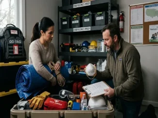A man and a woman organizing essential emergency preparedness supplies and protective gear, including a blue tarp, heavy-duty gloves, N95 mask, first aid kit, and an inventory checklist.