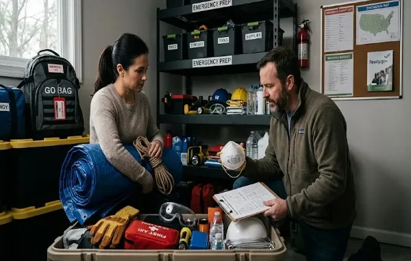 A man and a woman organizing essential emergency preparedness supplies and protective gear, including a blue tarp, heavy-duty gloves, N95 mask, first aid kit, and an inventory checklist.