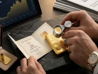 Close-up view of an investor using a jeweler's magnifying loupe to inspect the 999.9 fineness stamp on a 100g gold bar, placed beside an official assay certificate of purity and a tablet displaying live gold price charts.