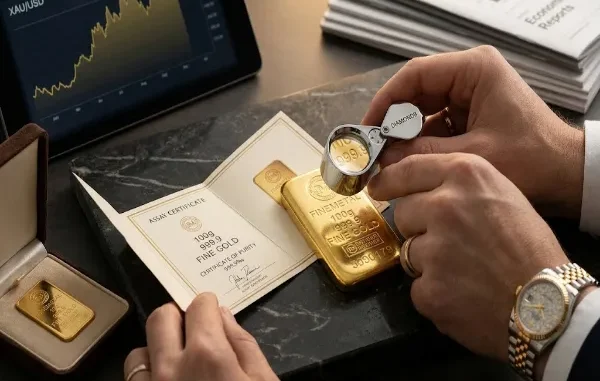 Close-up view of an investor using a jeweler's magnifying loupe to inspect the 999.9 fineness stamp on a 100g gold bar, placed beside an official assay certificate of purity and a tablet displaying live gold price charts.