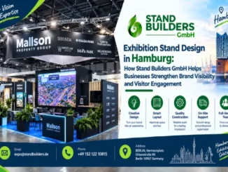Custom modern exhibition stand designed by Stand Builders GmbH for Mallson Property Group at a trade show in Hamburg, featuring digital displays and illuminated branding.