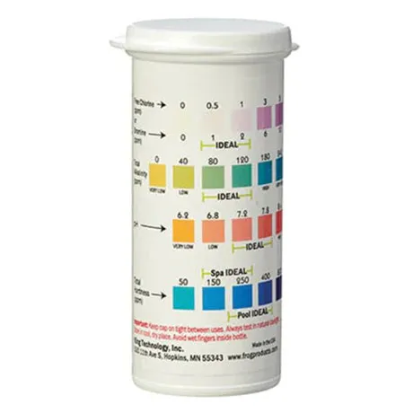 Container of pool water testing strips with color chart used to measure pH, chlorine, and alkalinity balance.