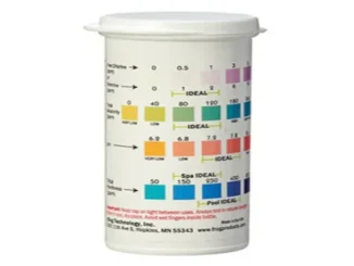 White plastic bottle container showing a color comparison reference chart for testing free chlorine, total alkalinity, pH, and total hardness in pool and spa water.