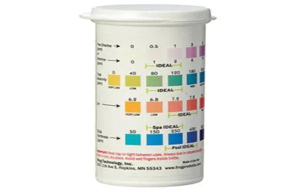 White plastic bottle container showing a color comparison reference chart for testing free chlorine, total alkalinity, pH, and total hardness in pool and spa water.