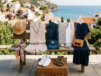 A neatly arranged vacation capsule wardrobe displaying a beige linen set, dark denim jeans, striped top, white sneakers, dark navy wrap dress, straw hat, and accessories on a wooden bench against a coastal Mediterranean background.
