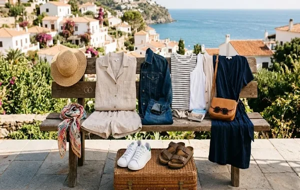 A neatly arranged vacation capsule wardrobe displaying a beige linen set, dark denim jeans, striped top, white sneakers, dark navy wrap dress, straw hat, and accessories on a wooden bench against a coastal Mediterranean background.