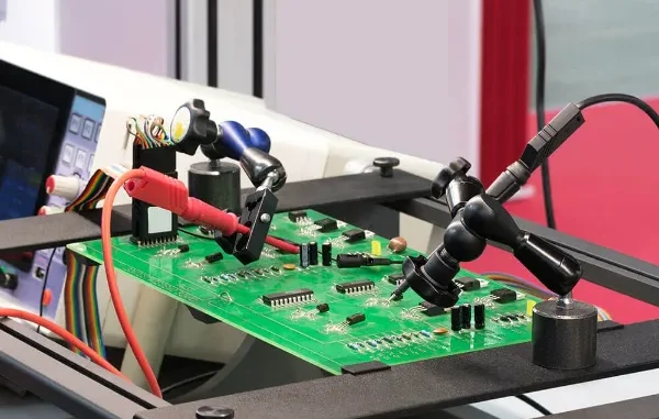 Green printed circuit board undergoing automated probe testing during rapid turnkey PCB assembly service.