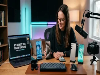 A woman with glasses and a black sweater sits at a large wooden desk surrounded by multiple gadgets, including a laptop with a tech review title, smartphones on stands, a camera, a keyboard, and a microphone.
