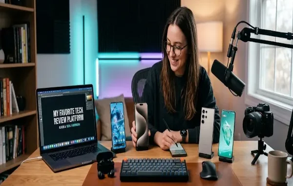 A woman with glasses and a black sweater sits at a large wooden desk surrounded by multiple gadgets, including a laptop with a tech review title, smartphones on stands, a camera, a keyboard, and a microphone.