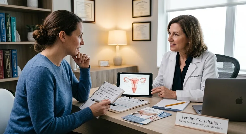 A woman holding a list of prepared questions while consulting with a female fertility specialist in a bright, modern medical office.