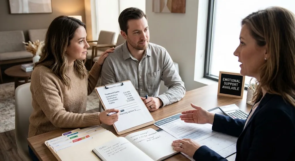 A couple sits across from a clinic administrator reviewing a breakdown of fertility treatment costs. The administrator holds a clipboard with an itemized list while the couple takes notes. In the background, a small chalkboard sign reads, "EMOTIONAL SUPPORT AVAILABLE."