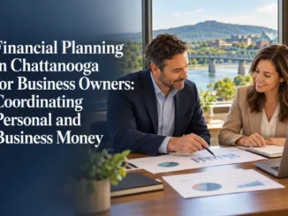 Business professionals reviewing financial charts together in a Chattanooga office overlooking the river and bridge.