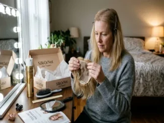 A woman sitting at her vanity table, carefully examining the clips and base of a new blonde hair topper fresh out of its shipping box.