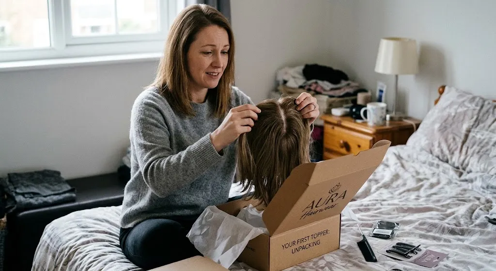 Woman unboxing her first hair topper at home, preparing to inspect the base and part before trying it on.