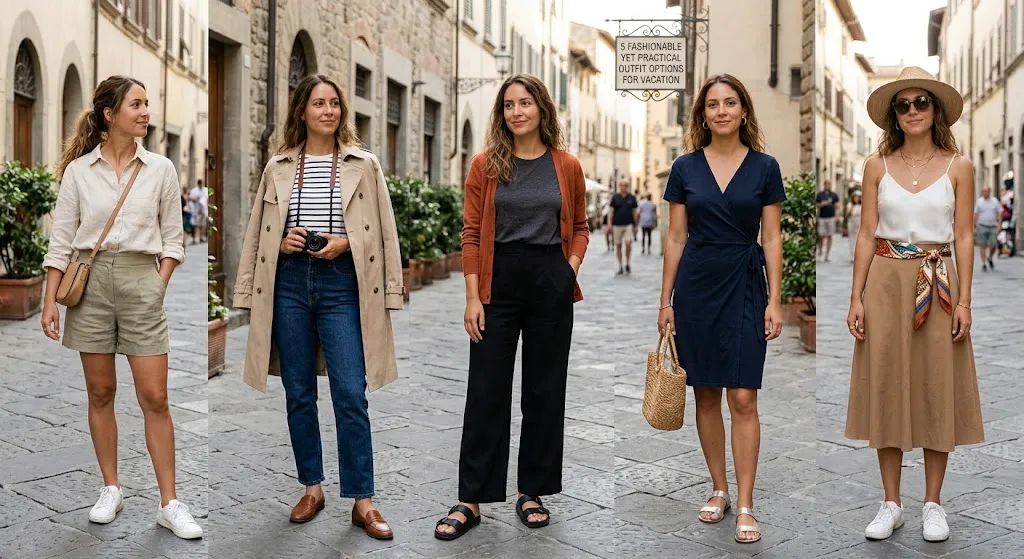 A five-image collage featuring the same woman in various versatile outfits for a European vacation, set on a cobblestone street in Florence, Italy. From left to right: (1) A beige linen shirt and green shorts with white sneakers. (2) Dark denim jeans, a striped shirt, a trench coat, and brown loafers. (3) Dark trousers, a charcoal shirt, an orange cardigan, and black sandals. (4) A navy blue wrap dress with metallic silver sandals and a woven bag. (5) A tan midi skirt, white tank top, straw hat, and sunglasses. A sign in the background reads, "5 FASHIONABLE YET PRACTICAL OUTFIT OPTIONS FOR VACATION."