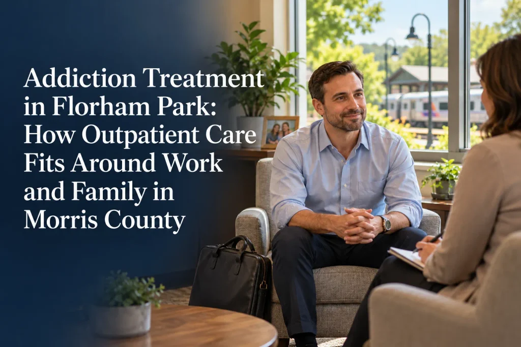 A man taking part in a flexible outpatient addiction counseling session in a Florham Park, New Jersey treatment center.