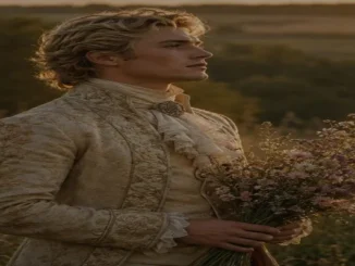 A side-profile view of a young man in historical Regency-style attire holding a bouquet of wildflowers, demonstrating the high aesthetic quality achievable with free AI image creation platforms.