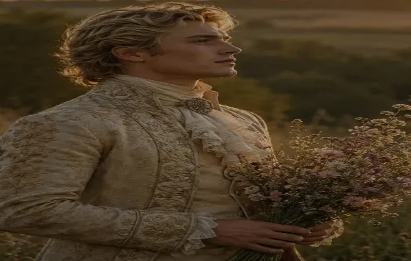 A side-profile view of a young man in historical Regency-style attire holding a bouquet of wildflowers, demonstrating the high aesthetic quality achievable with free AI image creation platforms.