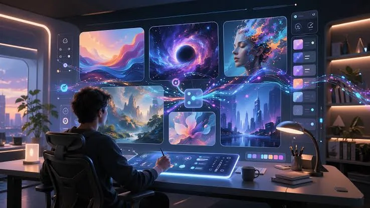 A digital artist sitting at a futuristic desk working on a glowing multi-screen interface displaying colorful AI-generated landscapes, cosmic art, and portraits.