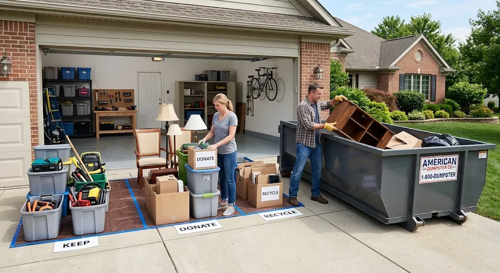 A man and woman organizedly sorting garage belongings on a suburban driveway with labeled zones for Keep, Donate, and Recycle alongside a rented American Dumpster Co roll-off dumpster.