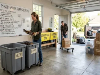 A woman sorting tools into labeled bins inside an organized garage next to a step-by-step cleanout plan whiteboard and designated donation zones.