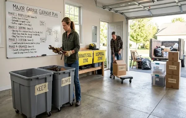 A woman sorting tools into labeled bins inside an organized garage next to a step-by-step cleanout plan whiteboard and designated donation zones.