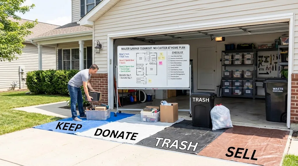 A homeowner sorting garage items outside on driveway tarps clearly labeled Keep, Donate, Trash, and Sell, next to a garage cleanout planning whiteboard.
