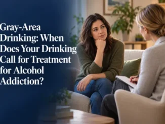 A woman sitting thoughtfully on a couch during a therapy session with a counselor to discuss gray-area drinking and alcohol treatment options.