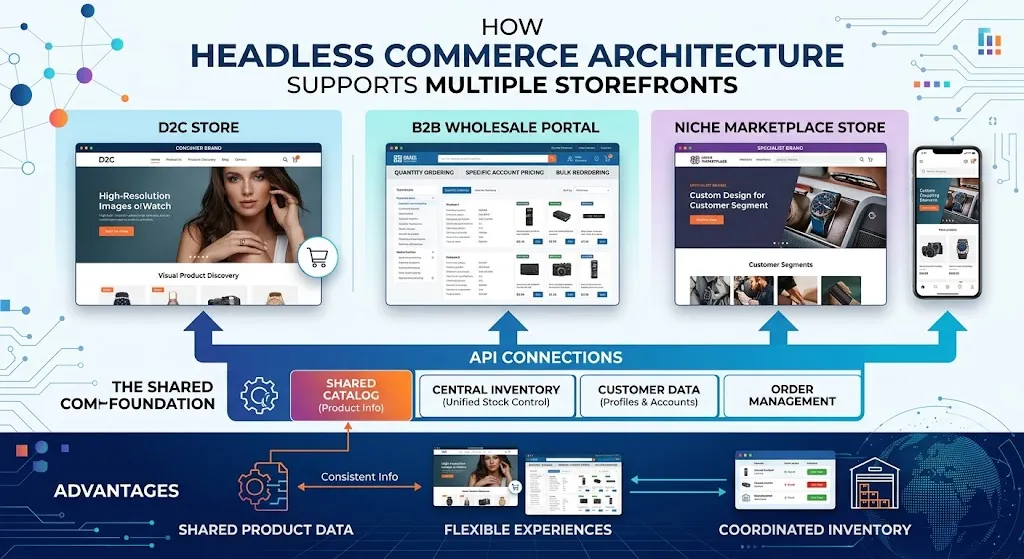 Architectural diagram illustrating how a Headless Commerce Engine supports multiple storefronts—a D2C Consumer Store, a B2B Wholesale Portal, and a Specialist Brand Store—connecting them via APIs to a shared backend foundation containing catalog, inventory, customer data, and order management.