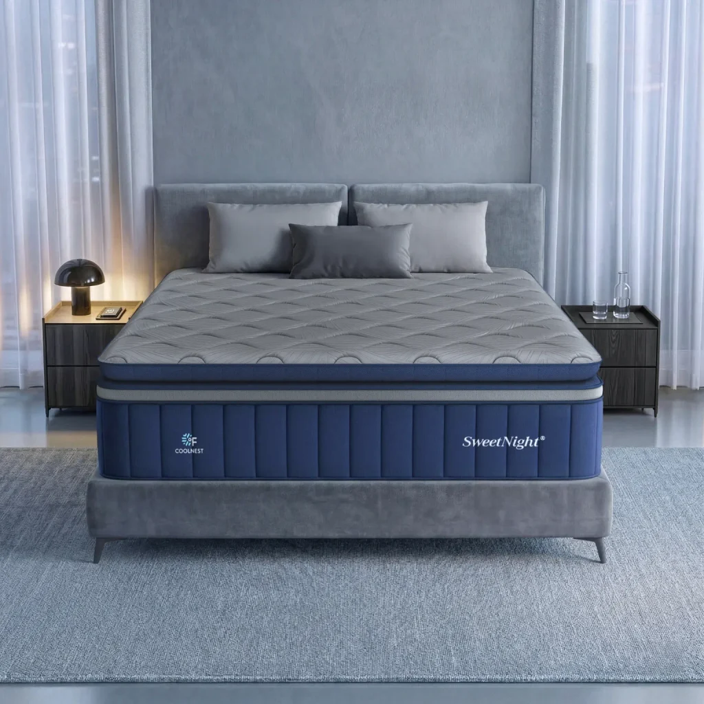 SweetNight Coolnest mattress with quilted grey top layer displayed on a bed frame before adding heavy weighted blankets.
