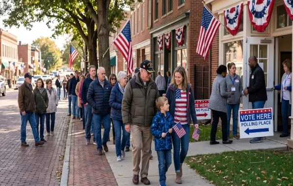 A multi-generational line of community members and veterans walking down a brick sidewalk decorated with American flags toward a "Vote Here" polling place.