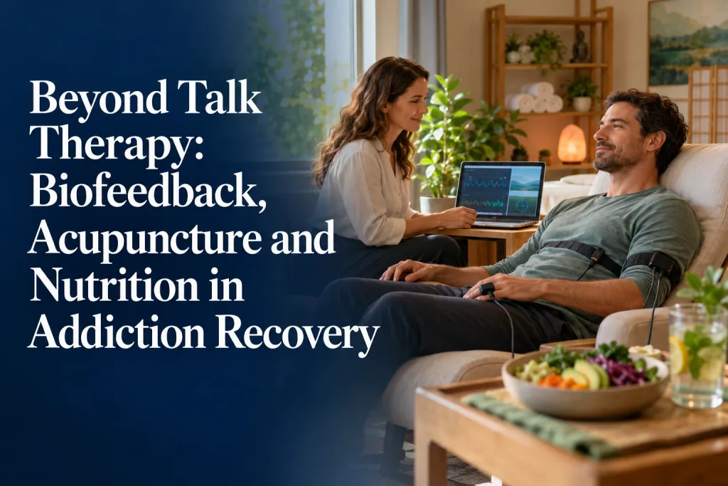 Patient undergoing a biofeedback recovery session alongside a healthy meal bowl.