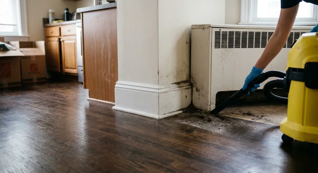 A detailed photo of a cleaning professional wearing blue gloves and using a bright yellow shop vacuum to clean heavy dust and debris from a baseboard corner and under a baseboard radiator heater in a home. In the background, there is a kitchen with cabinets and moving boxes, showing a 'reset' deep clean in progress.