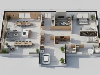 Top-down 3D architectural floor plan showing multi-room residential layout with living, sleeping, and workspace areas.