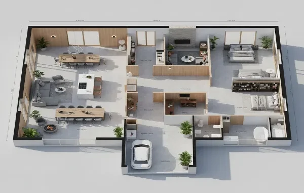 Top-down 3D architectural floor plan showing multi-room residential layout with living, sleeping, and workspace areas.
