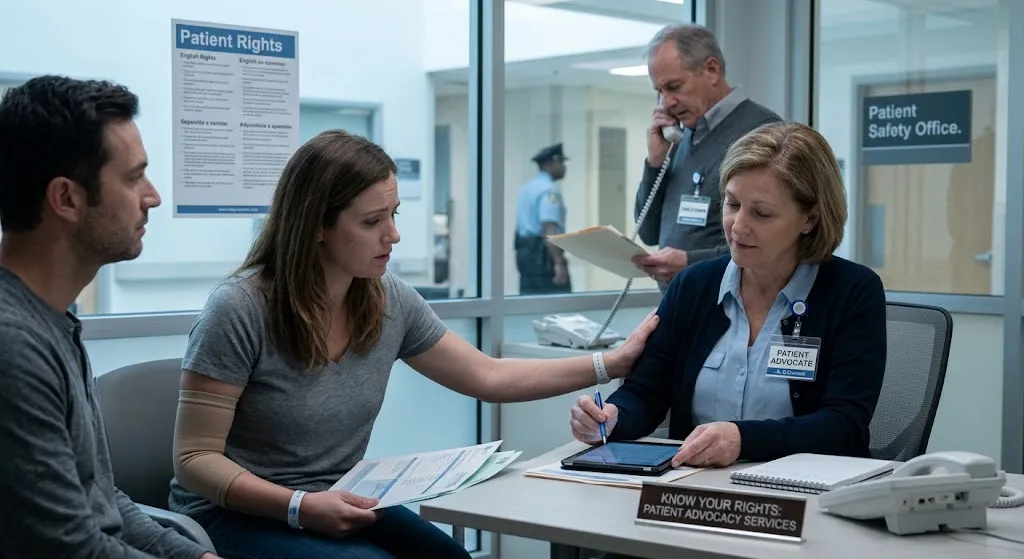 A distressed female patient, her partner, and a formal Patient Advocate review legal and safety documents on a tablet at a modern hospital's advocacy desk. A blurred figure stands near a door labeled 'Patient Safety Office' and a 'Patient Rights' poster.