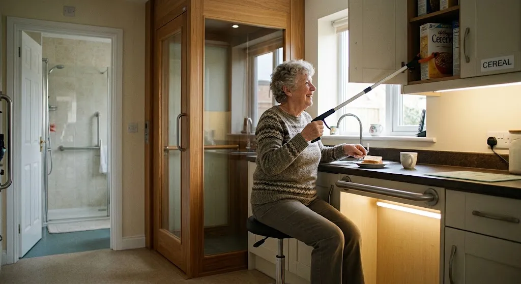 An active older woman sitting on a perching stool in an accessible kitchen, smiling as she uses a reaching grabber tool to get cereal from a high shelf. In the background, modern home adaptations including a compact glass residential elevator and a walk-in shower with safety grab bars are visible.