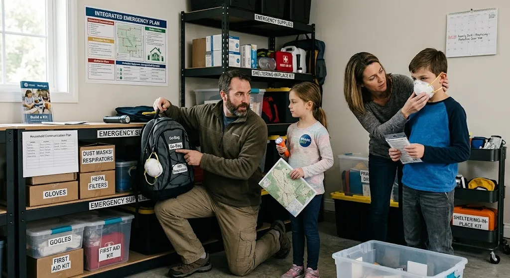 A family in a well-organized garage practicing an emergency preparedness drill. On the left, a father kneels beside organized storage shelves holding a packed go-bag with an N95 respirator mask attached, pointing out emergency details to his young daughter who holds a flashlight and evacuation map. On the right, a mother helps her young son properly fit a protective dust mask. Posters on the wall display an "Integrated Emergency Plan" chart and a calendar marked for practice drills, along with clearly labeled storage bins for respirators, gloves, goggles, and first aid kits.