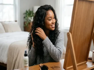 A smiling woman styling her bouncy, curly Isee Hair wig in front of a wooden vanity mirror in a bright bedroom. A branded spray bottle sits on the table.