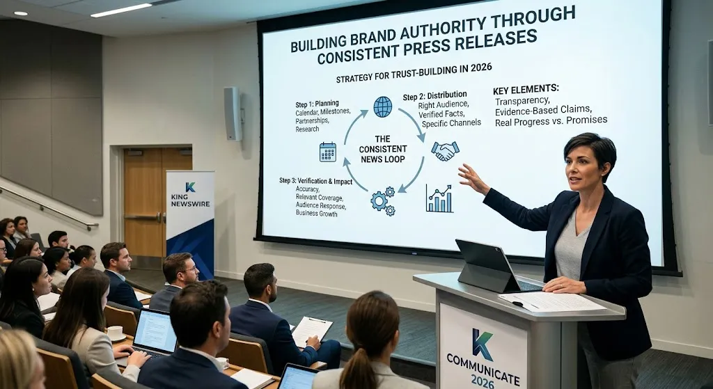A realistic photograph of a professional woman presenting at a "COMMUNICATE 2026" conference for King Newswire. She points to a projection screen detailing "Building Brand Authority Through Consistent Press Releases," which features a "Consistent News Loop" graphic including steps for planning, distribution, and verification, alongside key elements like transparency and evidence-based claims. A banner with the King Newswire logo stands in the background, and an audience sits in the foreground.