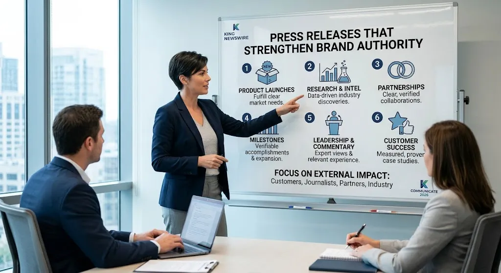 A photograph of a professional businesswoman at a King Newswire workshop, pointing to a whiteboard infographic that lists six types of press releases to strengthen brand authority: product launches, research and intelligence, partnerships, milestones, leadership and commentary, and customer success, with a focus on external impact. Two colleagues watch from the foreground.