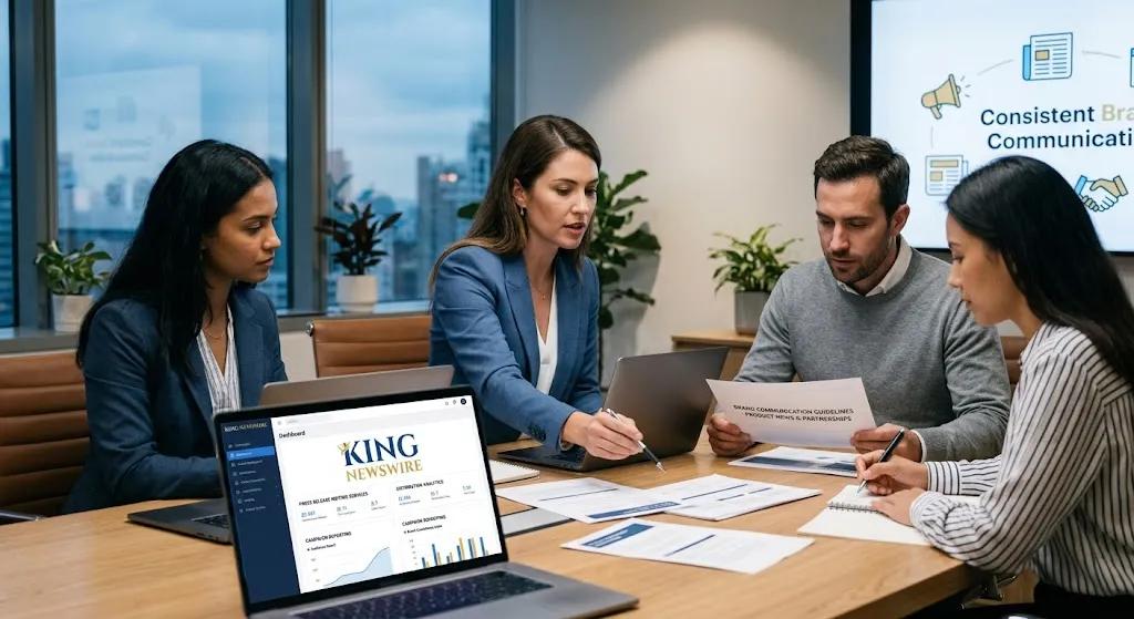 A professional corporate communications team sitting around a conference table in a modern high-rise office, reviewing brand strategy documents and a laptop showing the King Newswire dashboard for press release distribution and campaign reporting.
