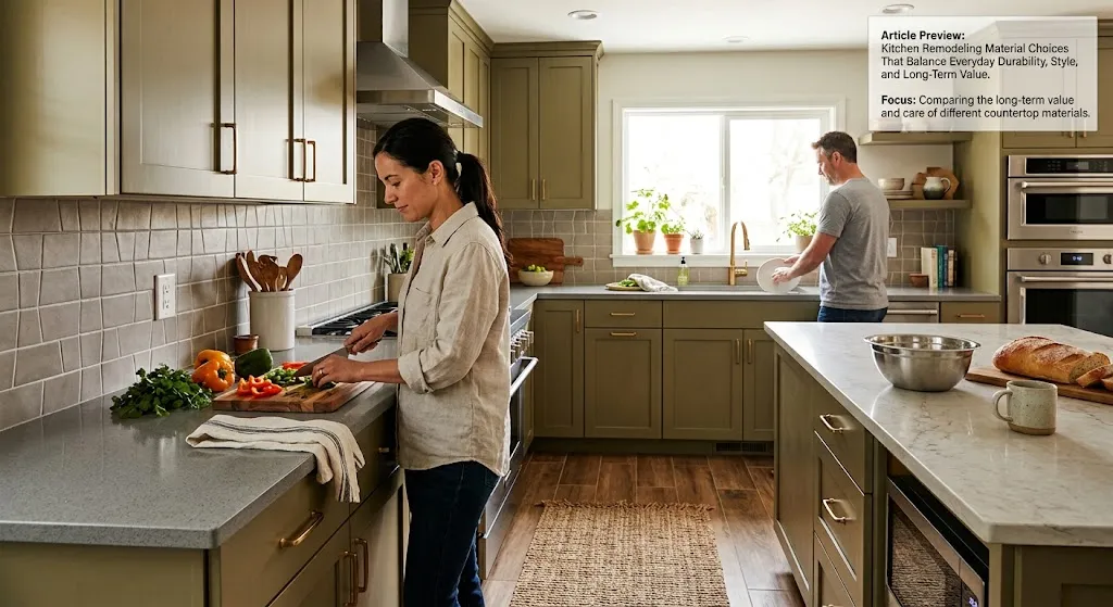 A modern, warm kitchen featuring olive green shaker cabinets, white-veined quartz island countertops, speckled granite perimeter counters, ceramic tile backsplash, and durable wood-look porcelain tile flooring with a couple actively preparing food.
