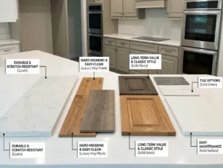 Samples of kitchen remodeling materials, including quartz countertops, luxury vinyl plank flooring, solid wood cabinet doors, and subway tiles, neatly arranged on a white island countertop with text labels highlighting durability, style, and long-term value.
